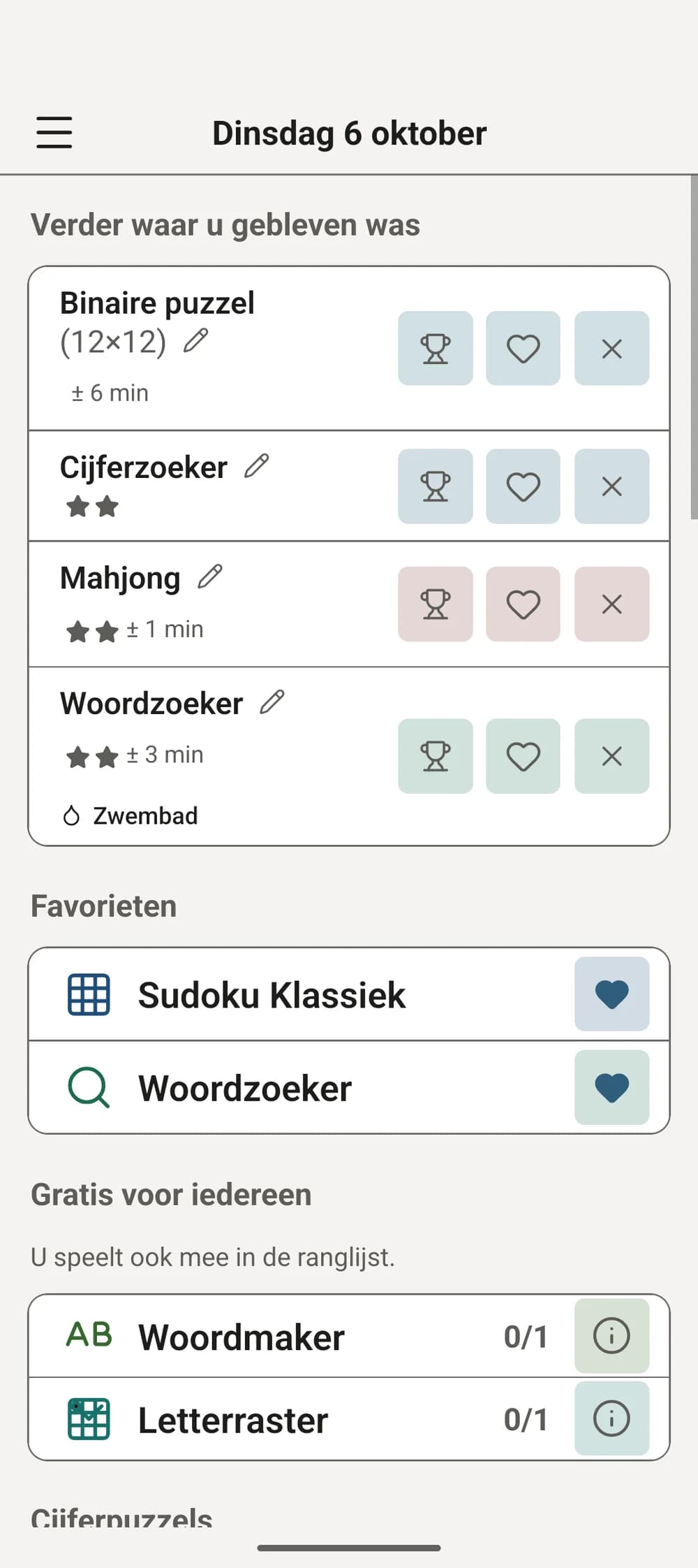 Overzicht met lopende puzzels en favorieten