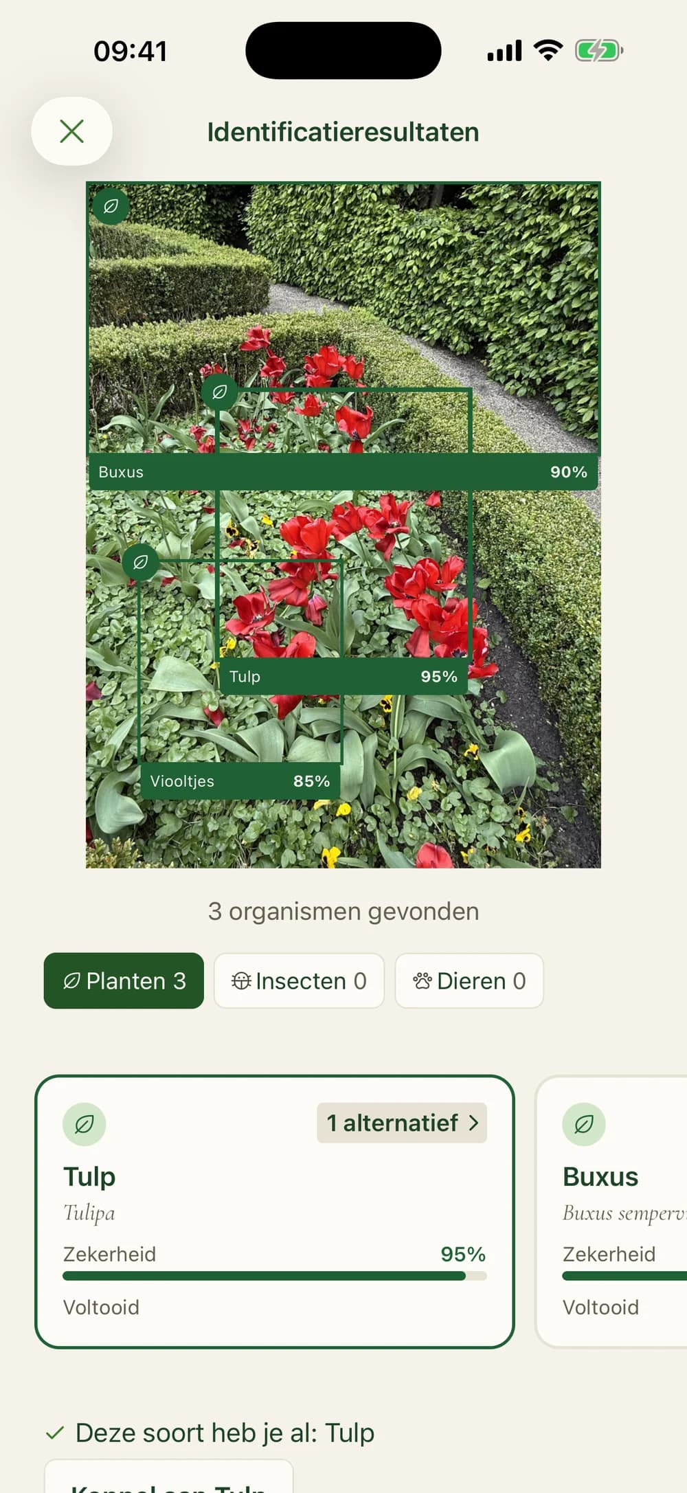 Herkenning op een foto: drie organismen met betrouwbaarheid per soort