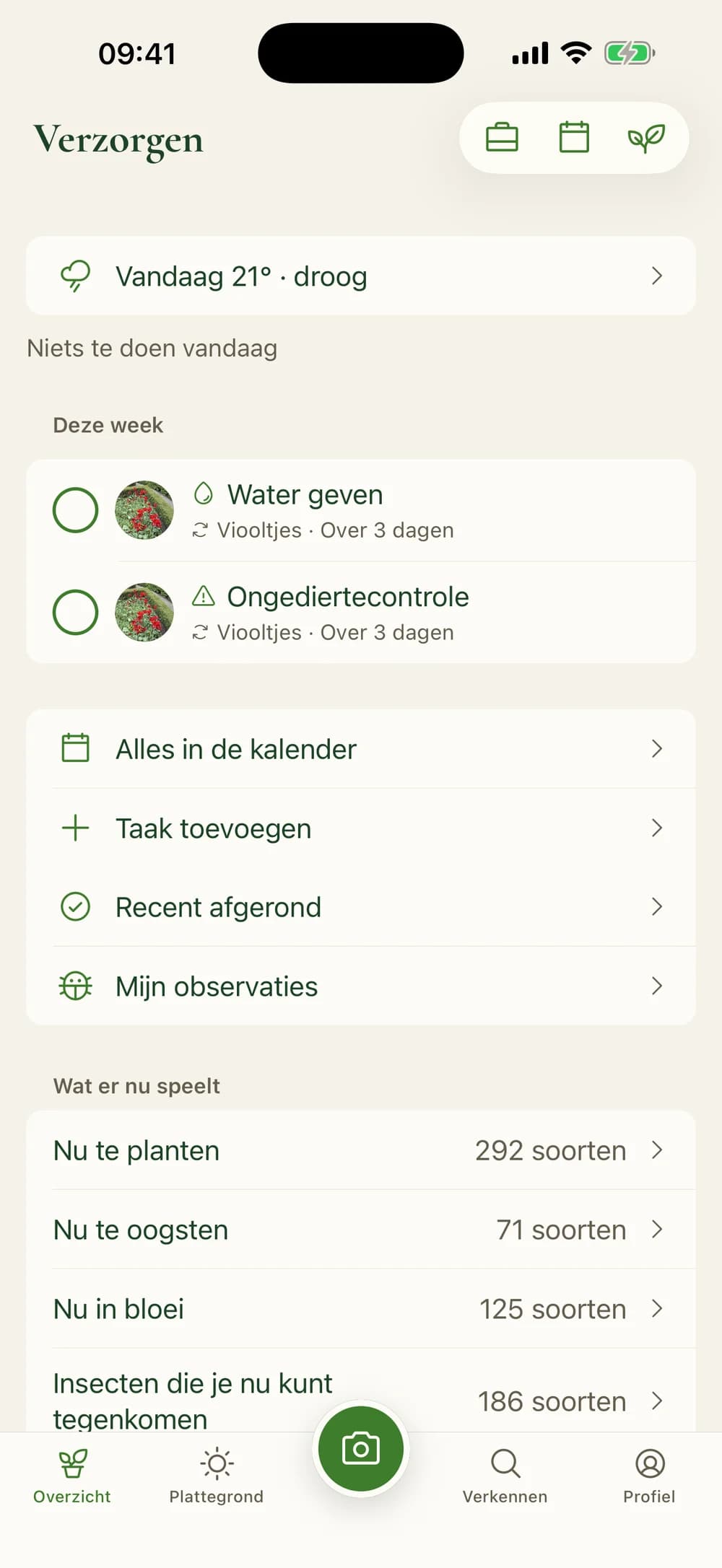 Overzicht met taken van de week en het weer van vandaag