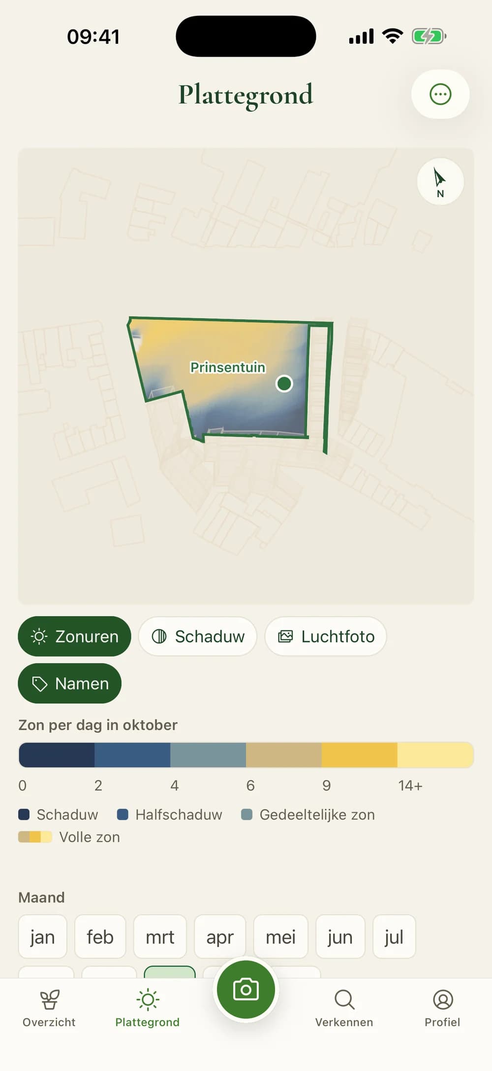 Plattegrond van de tuin met zonuren per dag