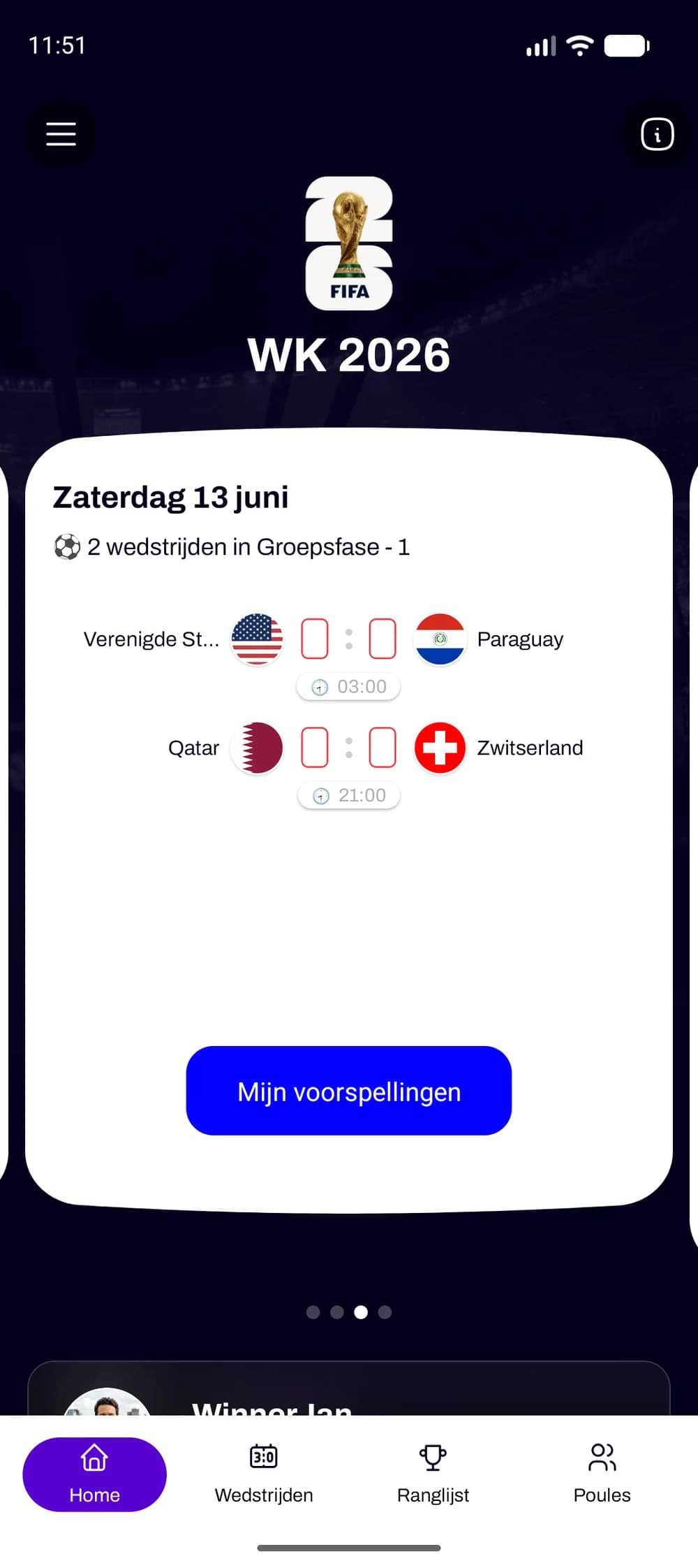 Startscherm met de wedstrijden van de speelronde