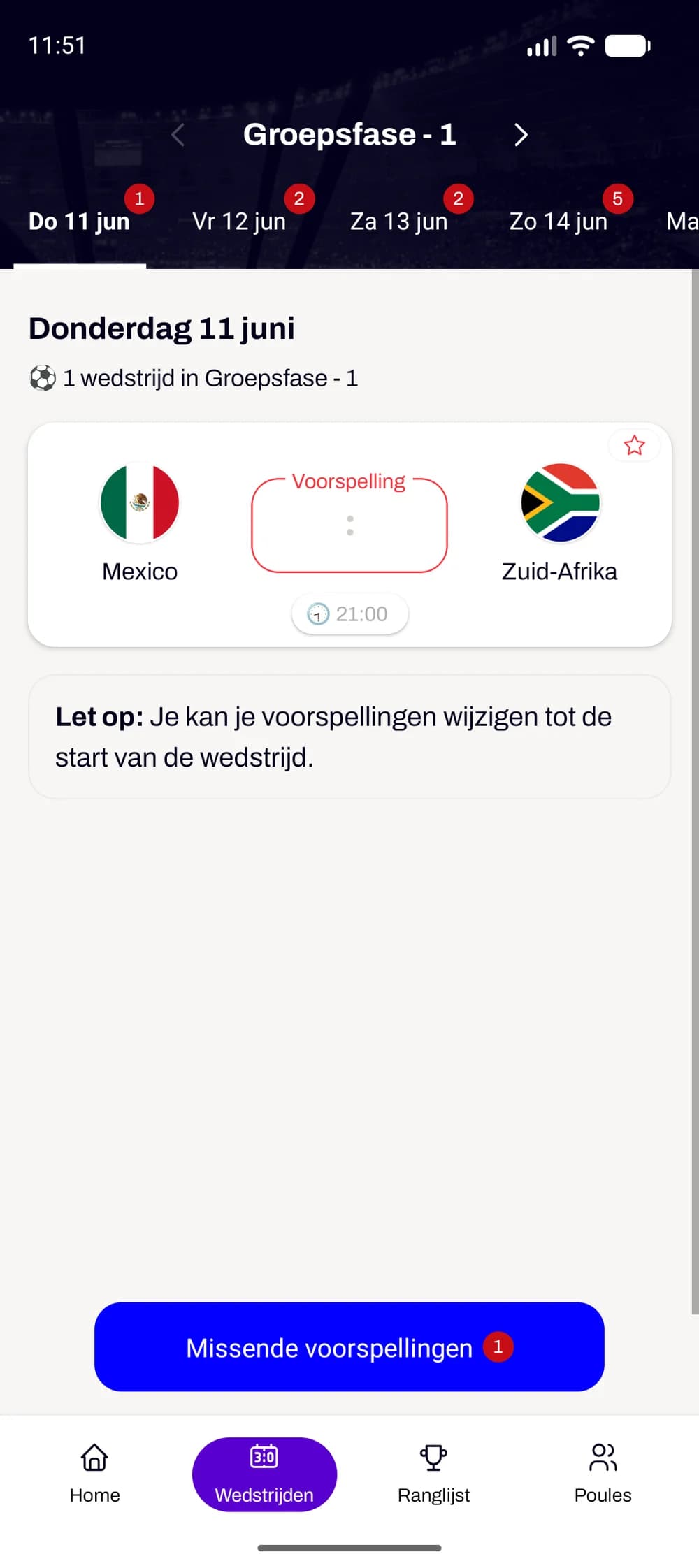 Voorspellingen invullen per wedstrijddag
