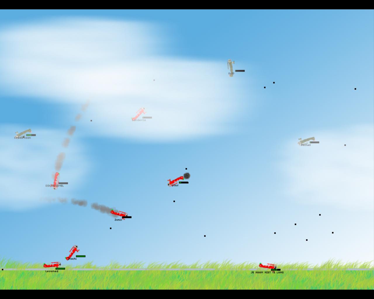 Screenshot van Planes: elf dubbeldekkers boven een grasveld, elk met een spelersnaam en een balkje eronder, met rookslierten van neergehaalde toestellen.